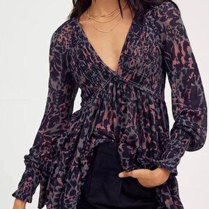 Free People Babydoll Top Long Sleeve Dark Romantic Y2K 90s Whimsigoth Leopard XS